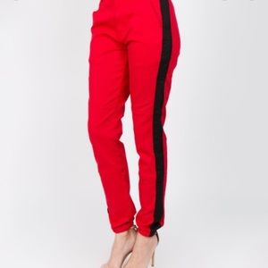 Red joggers w/ black stripes